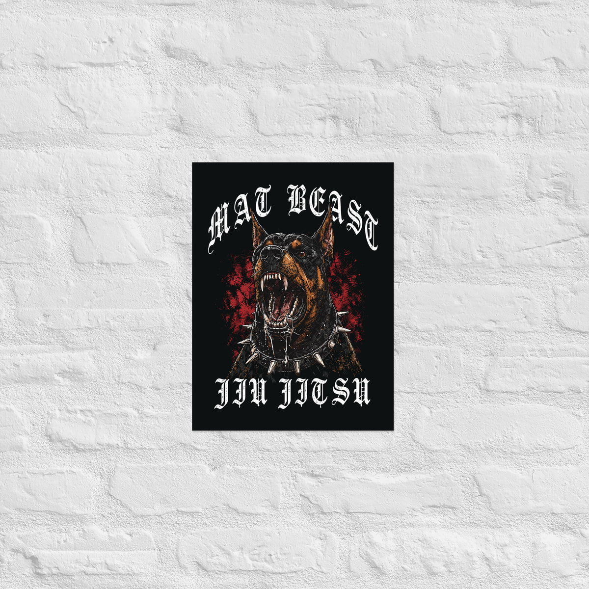 Mat Beast Doberman Jiu Jitsu matte poster in 12 × 16 inch format, front view, featuring a snarling Doberman and red accents.