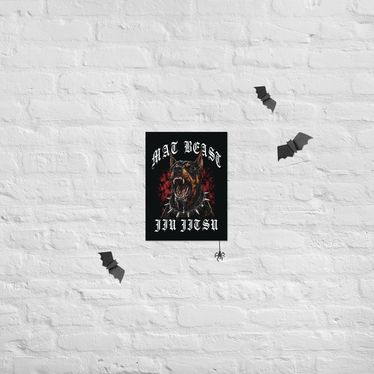Mat Beast Doberman Jiu Jitsu matte poster in 12 × 16 inch format, poster mockup, featuring a snarling Doberman and red accents.