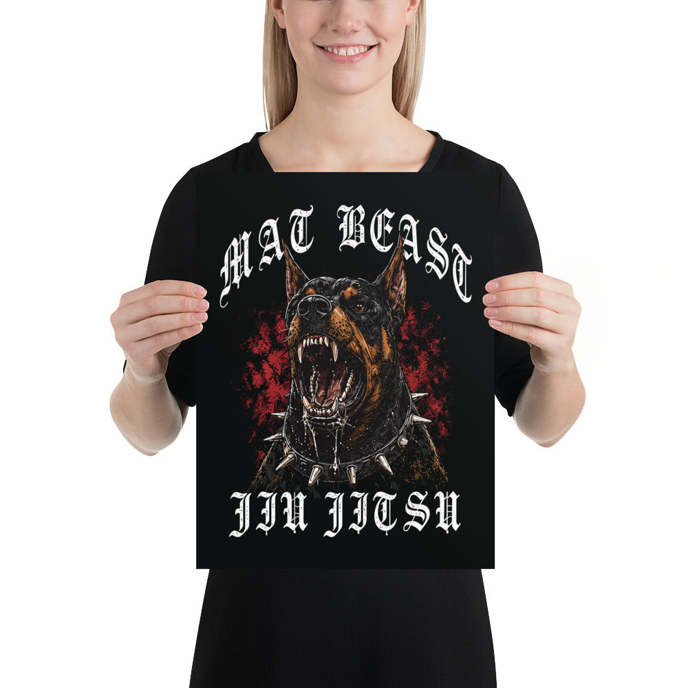 Mat Beast Doberman Jiu Jitsu matte poster in 12 × 16 inch format, poster mockup, featuring a snarling Doberman and red accents.