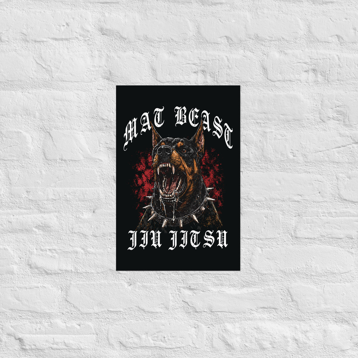 Mat Beast Doberman Jiu Jitsu matte poster in 12 × 18 inch format, front view, featuring a snarling Doberman and red accents.