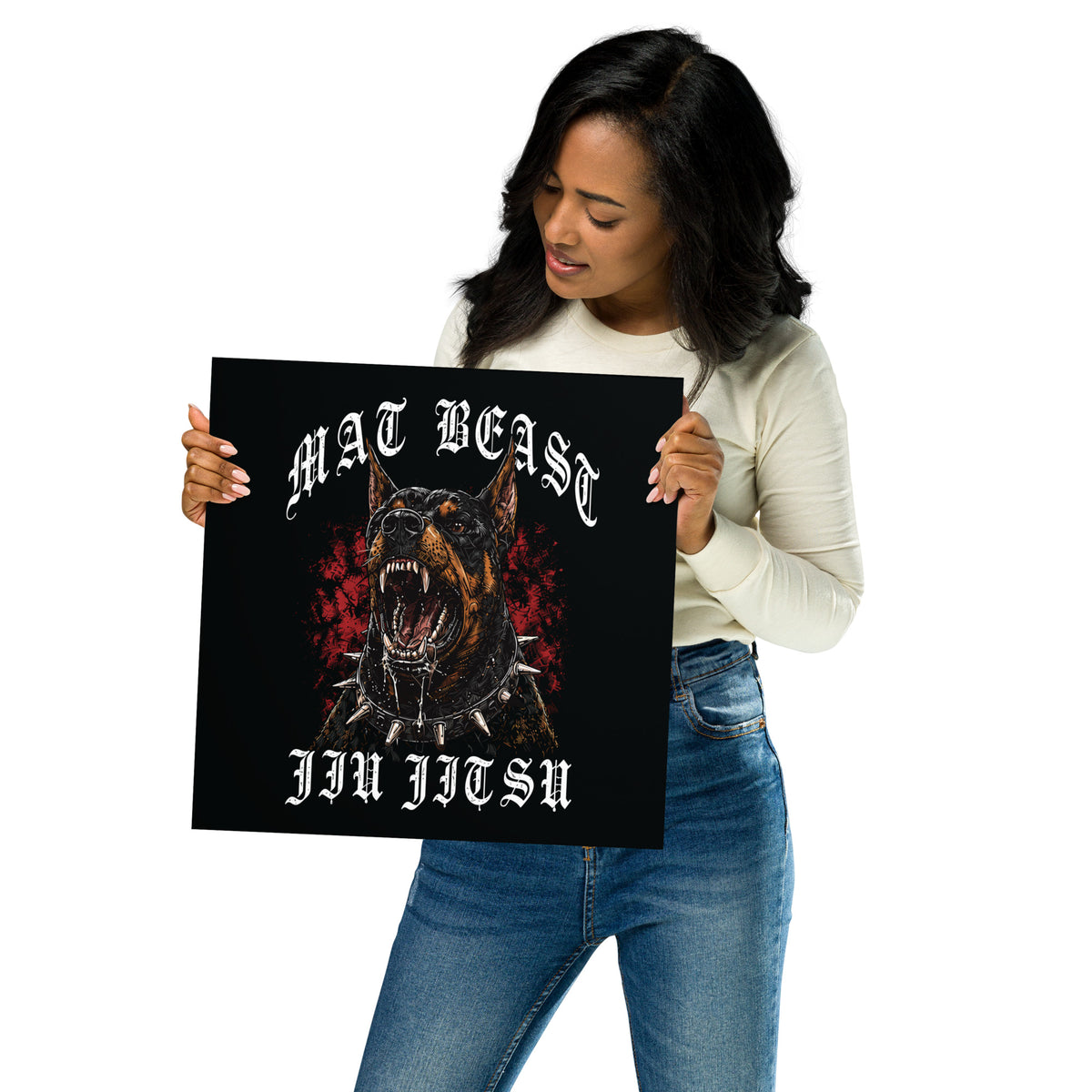 Mat Beast Doberman Jiu Jitsu matte poster in 14 × 14 inch format, front view, featuring a snarling Doberman and red accents.