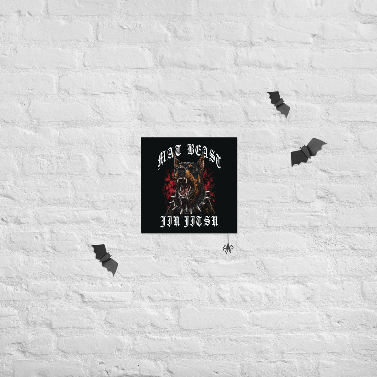 Mat Beast Doberman Jiu Jitsu matte poster in 14 × 14 inch format, poster mockup, featuring a snarling Doberman and red accents.
