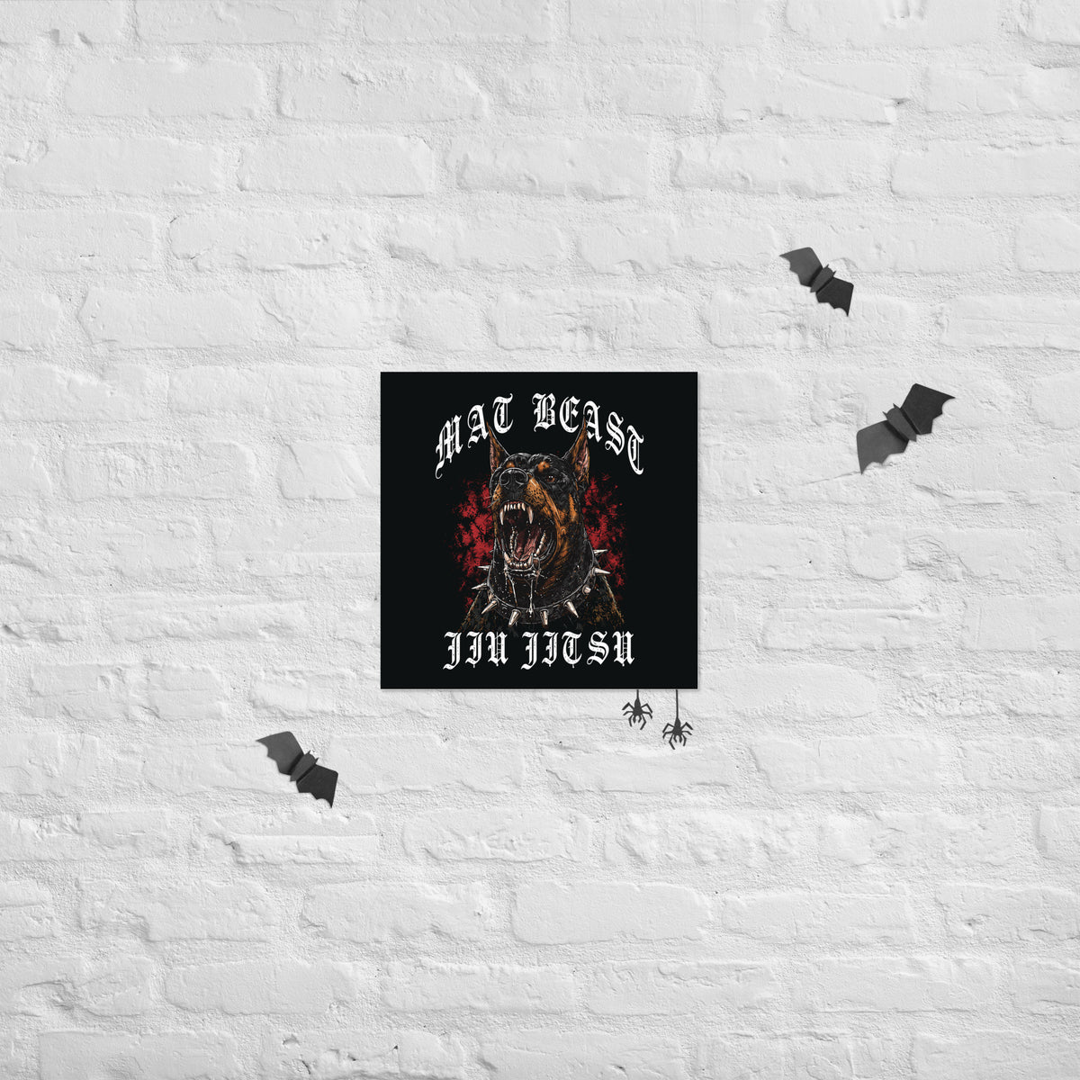 Mat Beast Doberman Jiu Jitsu matte poster in 16 × 16 inch format, poster mockup, featuring a snarling Doberman and red accents.