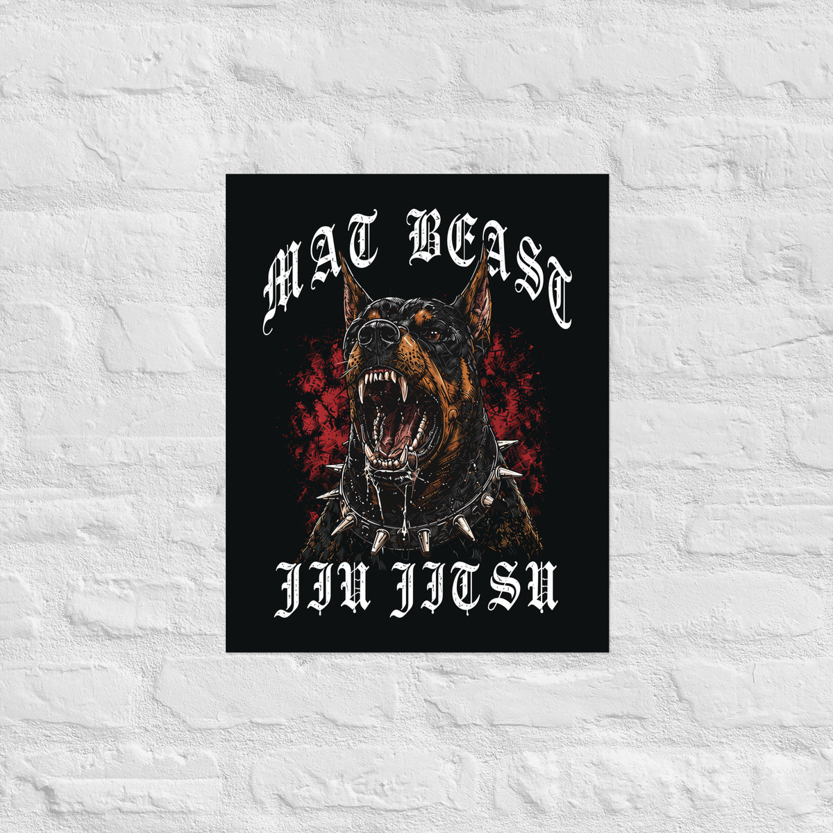 Mat Beast Doberman Jiu Jitsu matte poster in 16 × 20 inch format, front view, featuring a snarling Doberman and red accents.