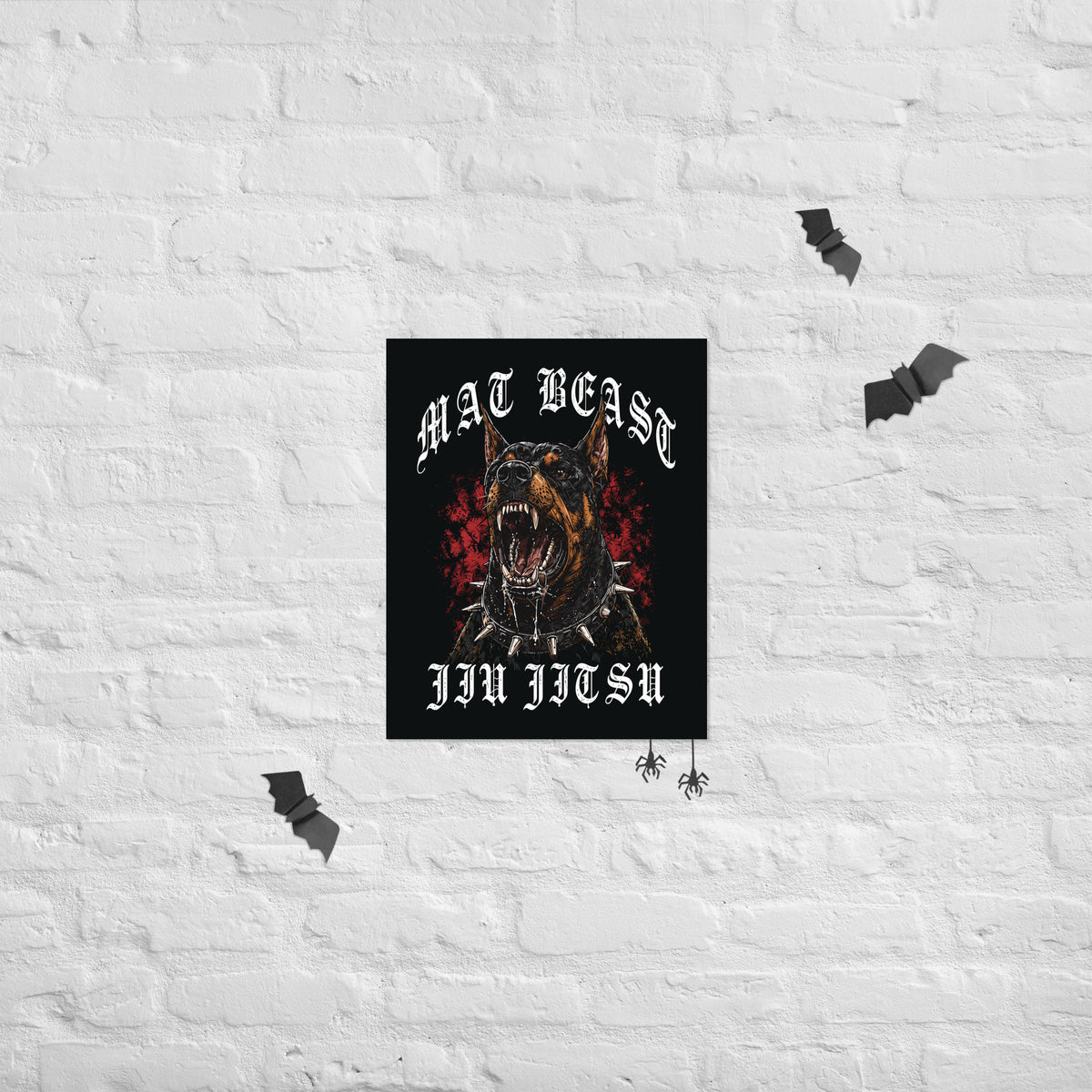 Mat Beast Doberman Jiu Jitsu matte poster in 16 × 20 inch format, poster mockup, featuring a snarling Doberman and red accents.