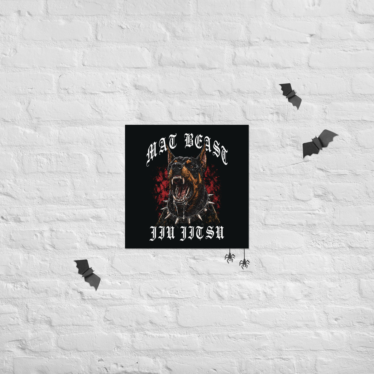 Mat Beast Doberman Jiu Jitsu matte poster in 18 × 18 inch format, poster mockup, featuring a snarling Doberman and red accents.