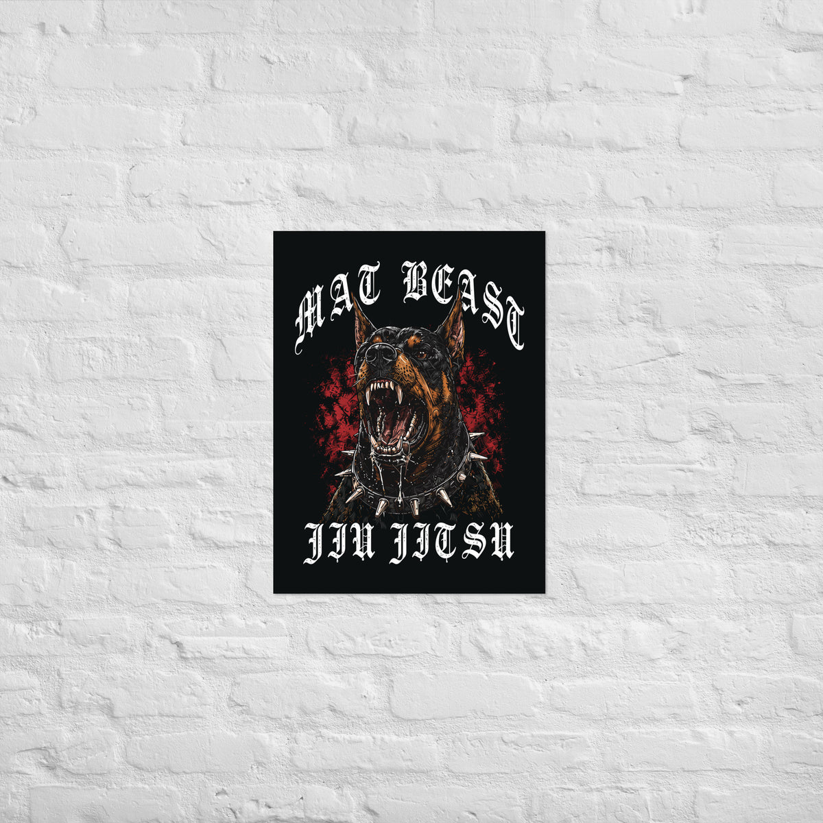 Mat Beast Doberman Jiu Jitsu matte poster in 18 × 24 inch format, front view, featuring a snarling Doberman and red accents.
