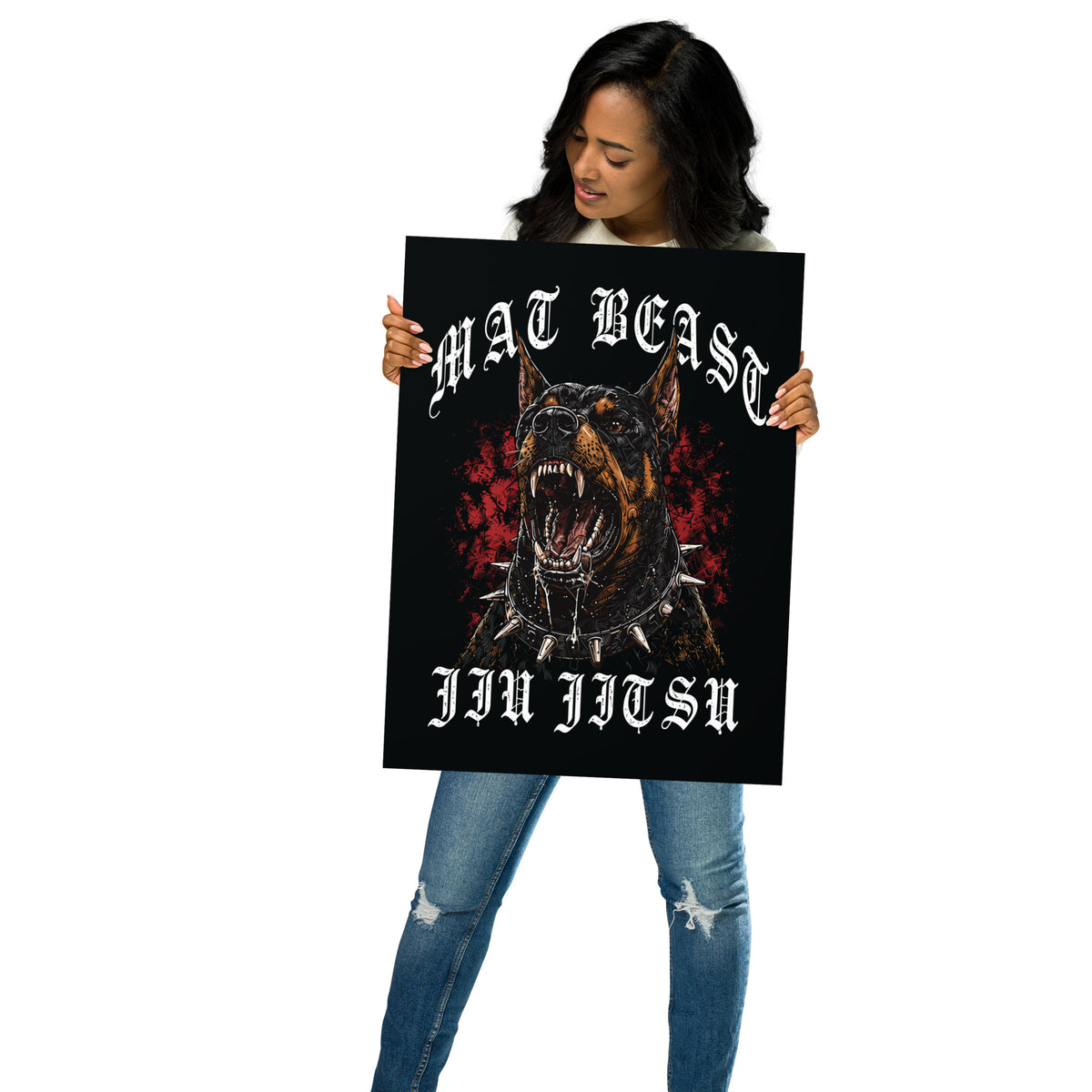 Mat Beast Doberman Jiu Jitsu matte poster in 18 × 24 inch format, front view, featuring a snarling Doberman and red accents.