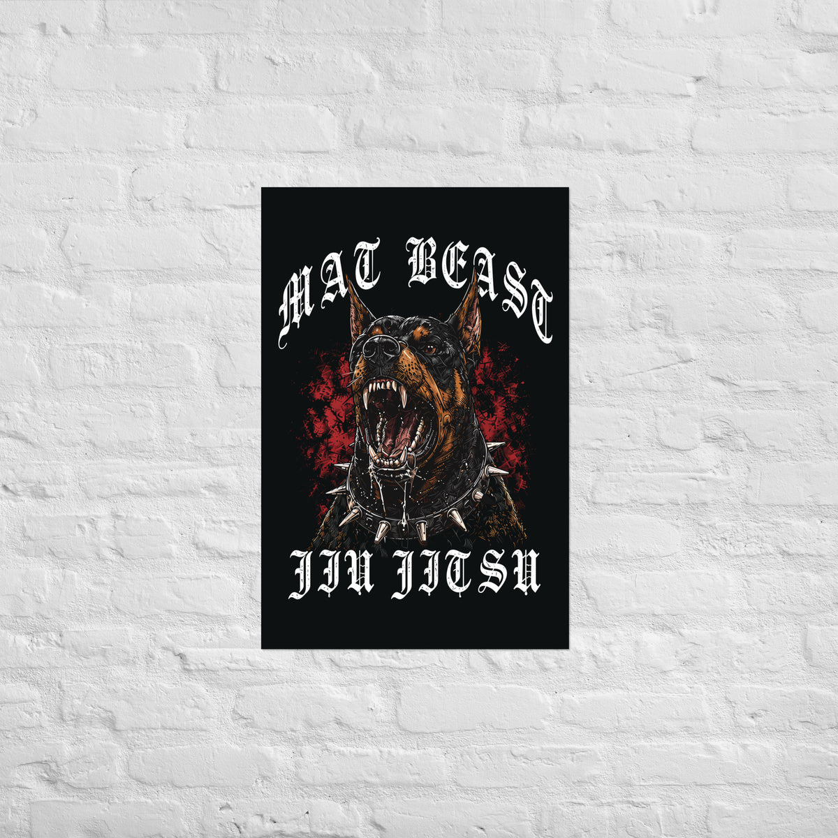 Mat Beast Doberman Jiu Jitsu matte poster in 20 × 30 inch format, front view, featuring a snarling Doberman and red accents.