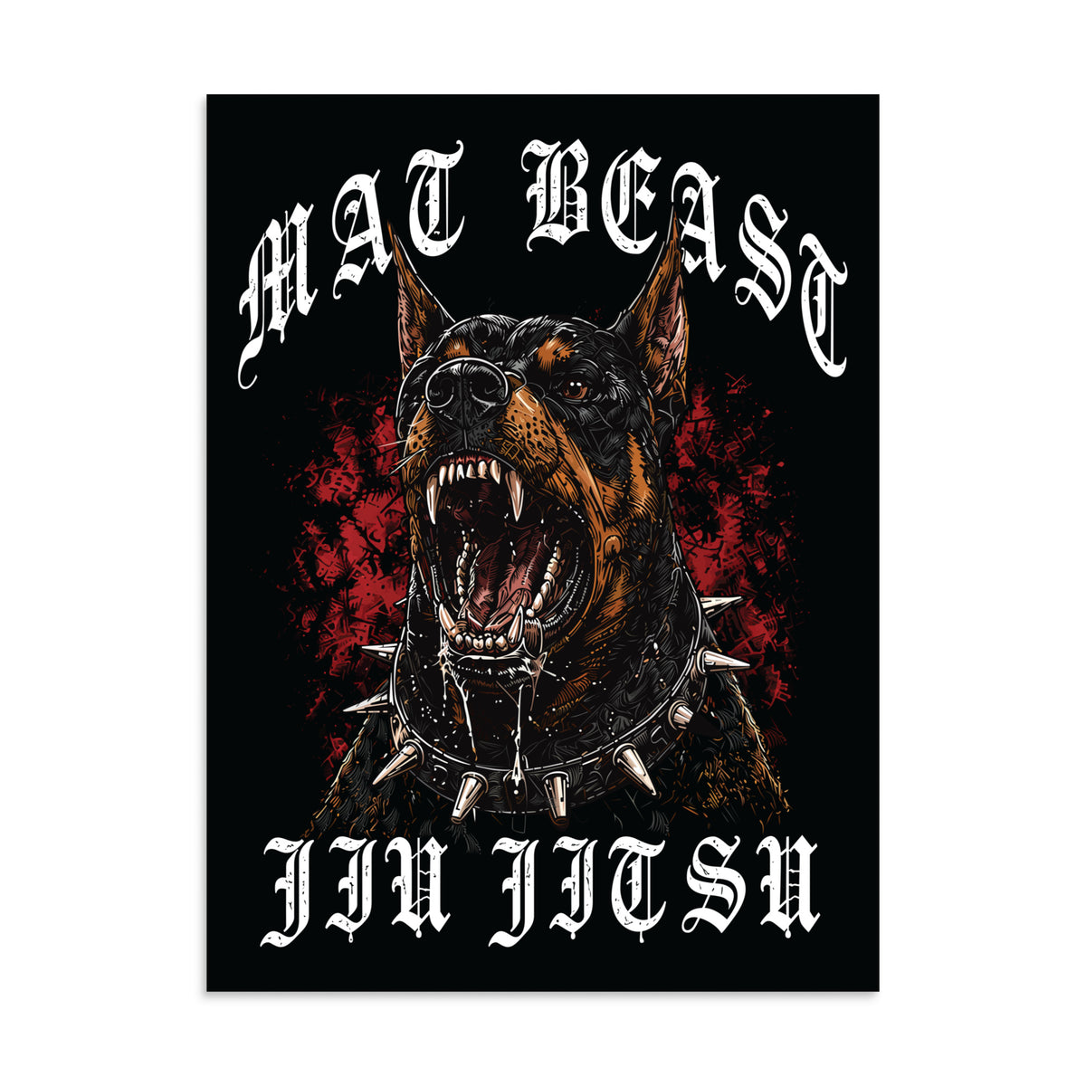 Mat Beast Doberman Jiu Jitsu matte poster in 24 × 32 inch format, front view, featuring a snarling Doberman and red accents.