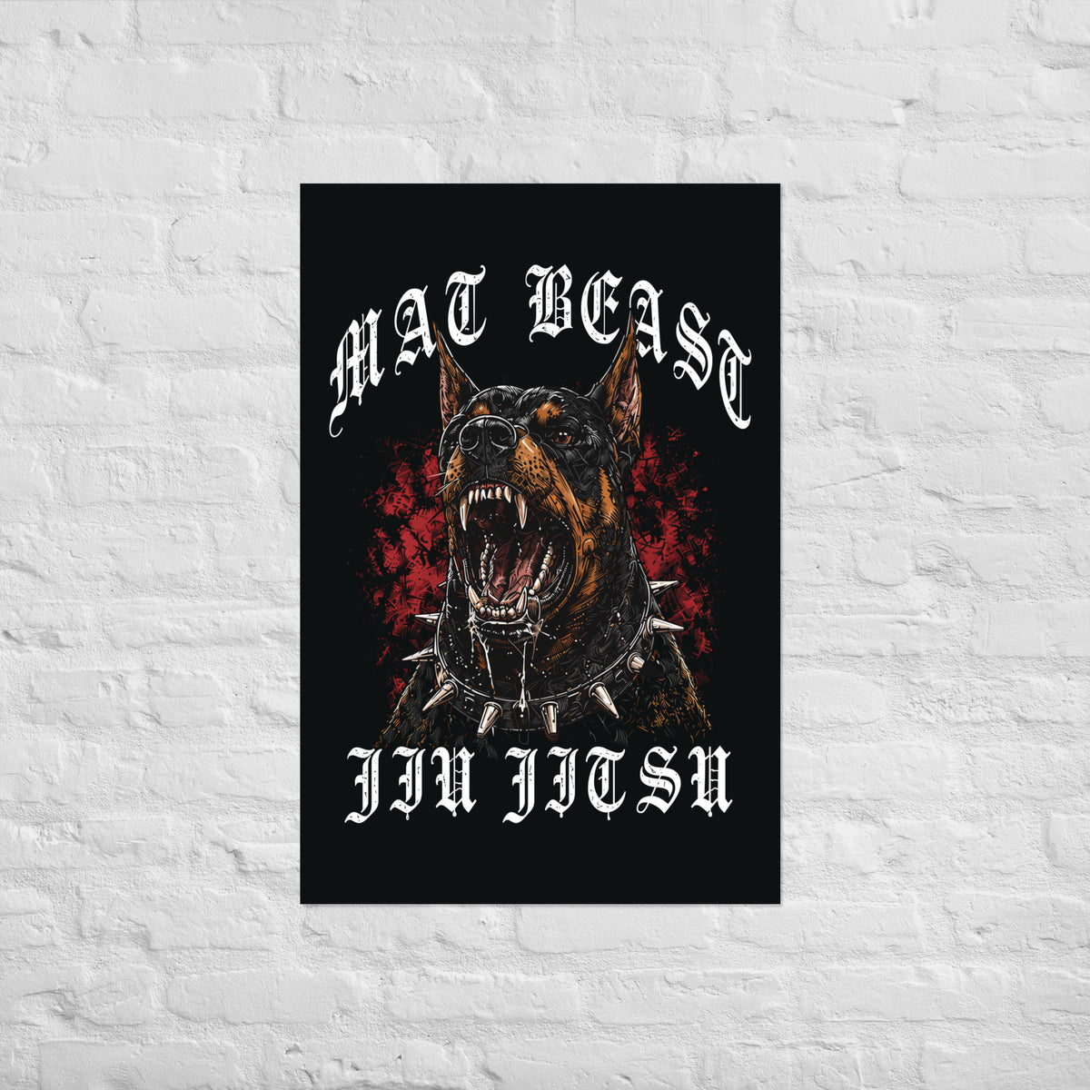 Mat Beast Doberman Jiu Jitsu matte poster in 24 × 36 inch format, front view, featuring a snarling Doberman and red accents.