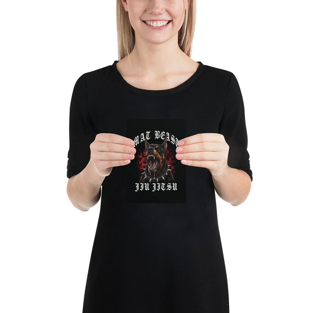 Mat Beast Doberman Jiu Jitsu matte poster in 5 × 7 inch format, poster mockup, featuring a snarling Doberman and red accents.