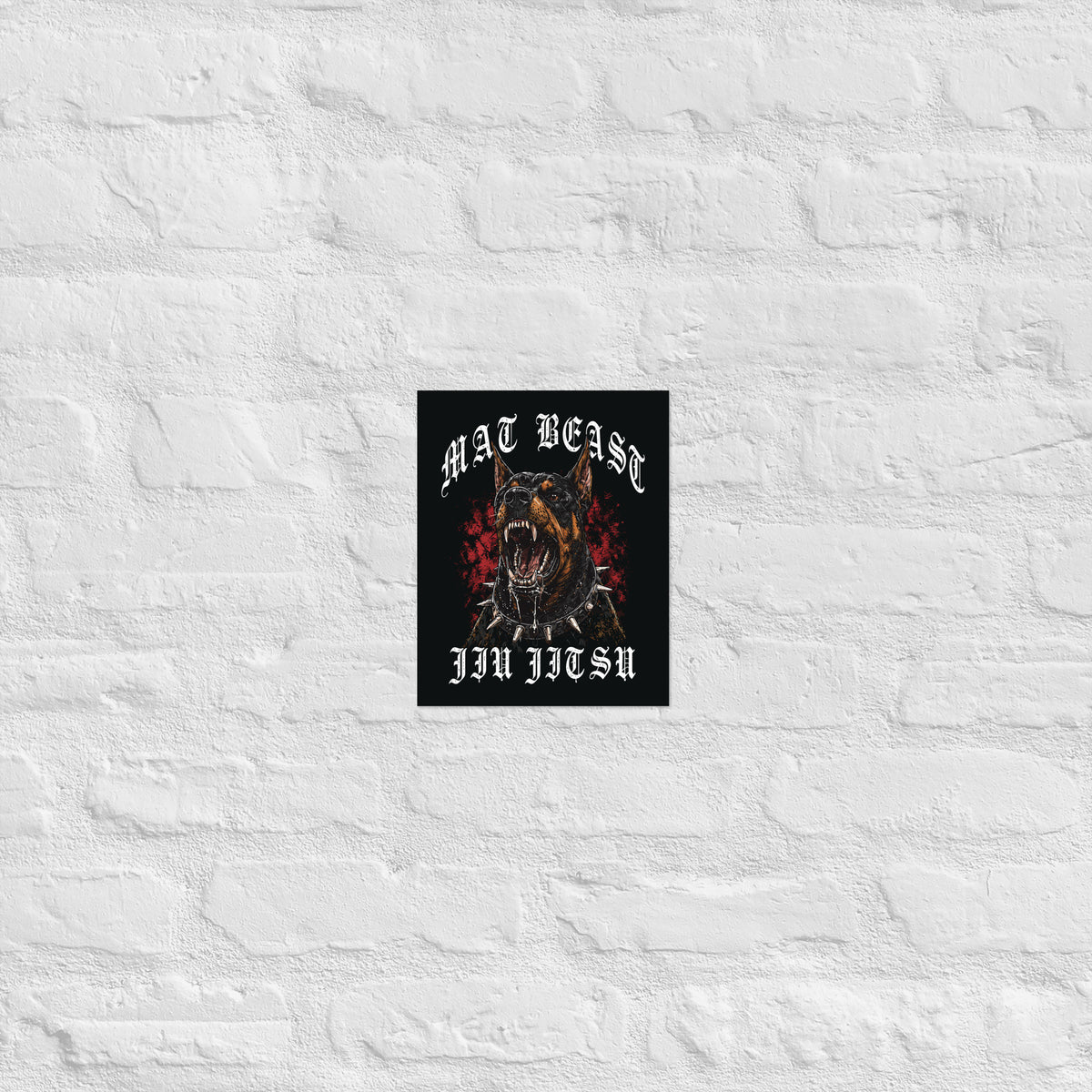 Mat Beast Doberman Jiu Jitsu matte poster in 8 × 10 inch format, front view, featuring a snarling Doberman and red accents.