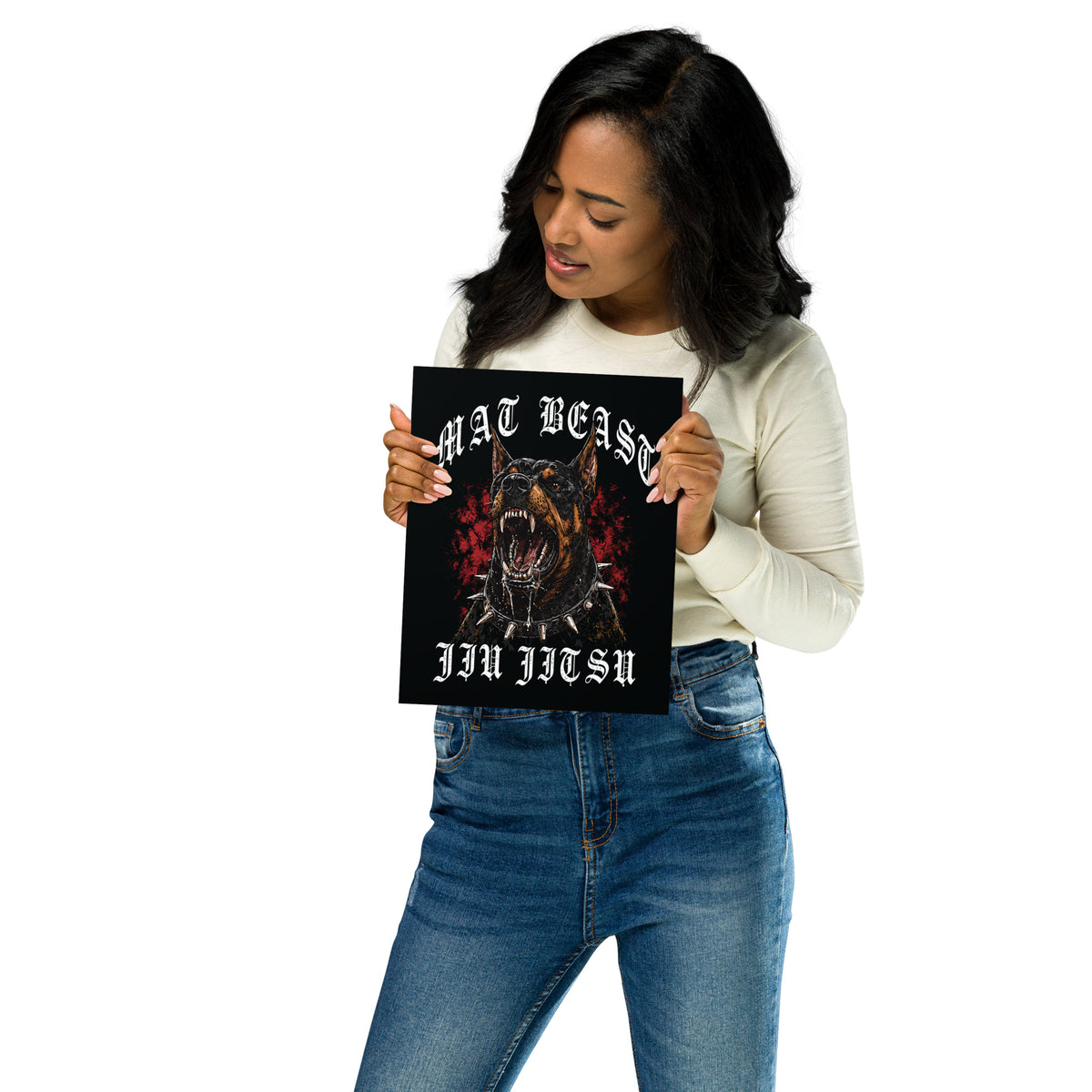 Mat Beast Doberman Jiu Jitsu matte poster in 8 × 10 inch format, front view, featuring a snarling Doberman and red accents.
