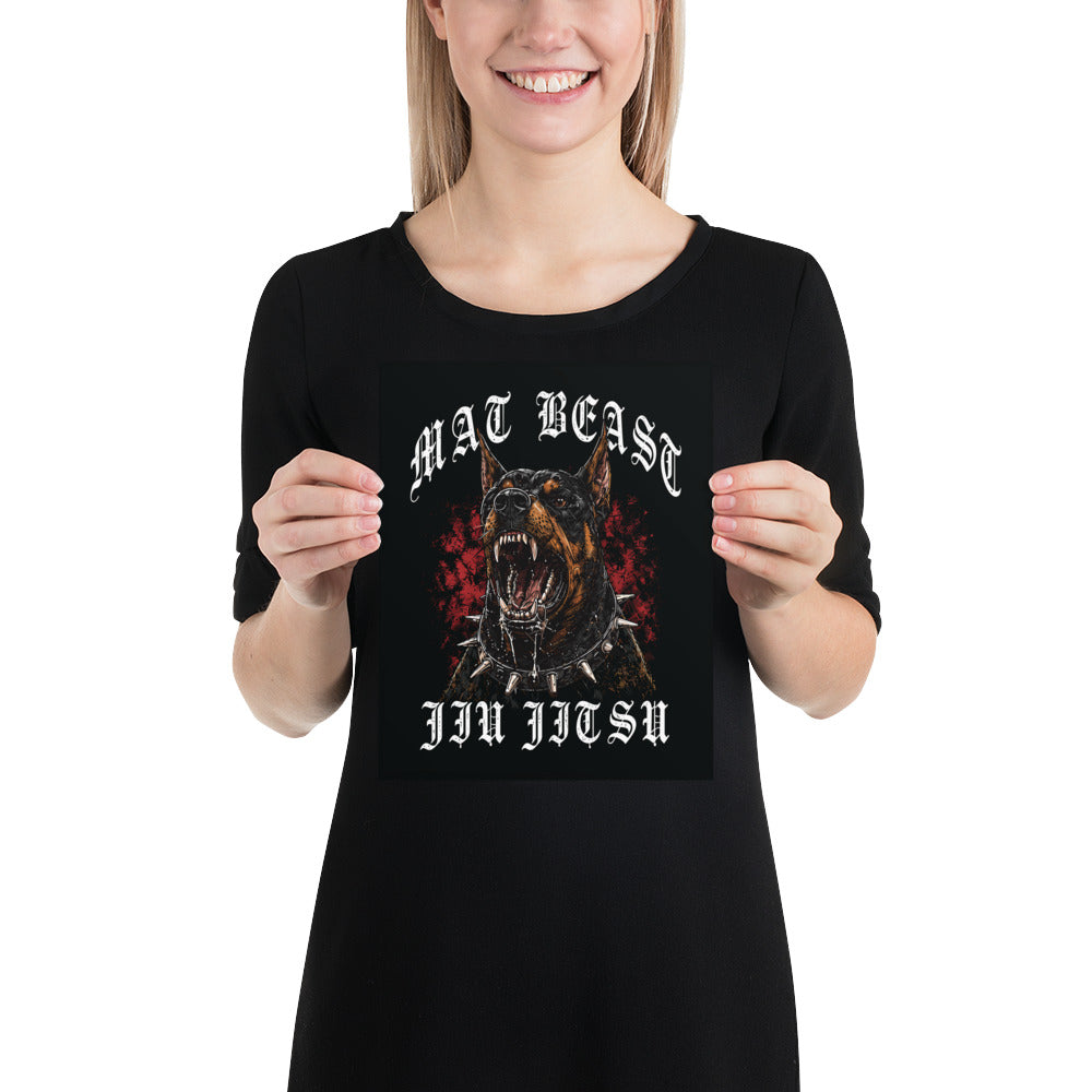 Mat Beast Doberman Jiu Jitsu matte poster in 8 × 10 inch format, poster mockup, featuring a snarling Doberman and red accents.