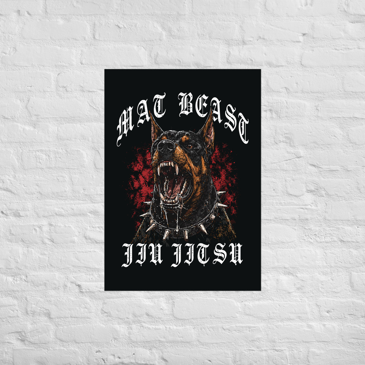 Mat Beast Doberman Jiu Jitsu matte poster in 23.3 × 33.1 inch format, front view, featuring a snarling Doberman and red accents.