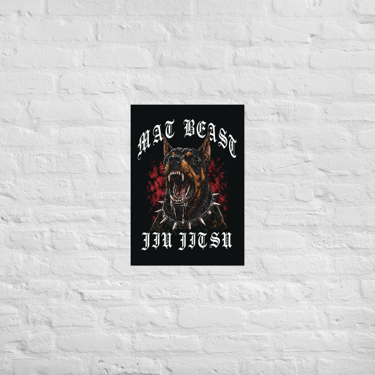 Mat Beast Doberman Jiu Jitsu matte poster in 16.5 × 23.3 inch format, front view, featuring a snarling Doberman and red accents.