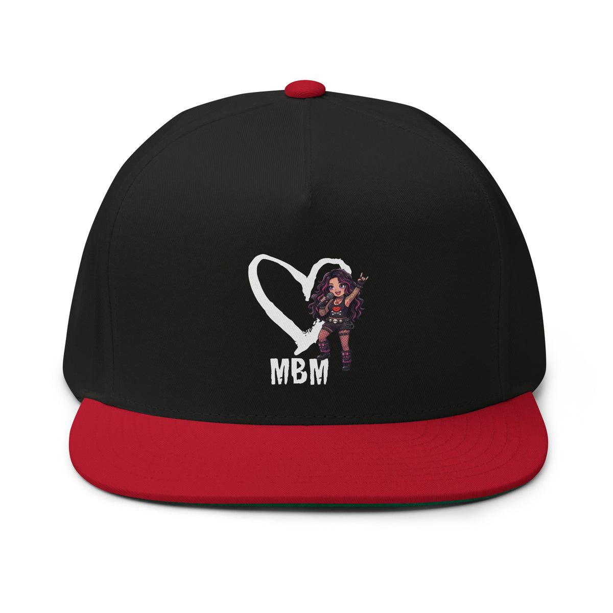 Black and red flat-bill cap featuring a white outlined heart, an anime-style musician and “MBM” lettering.