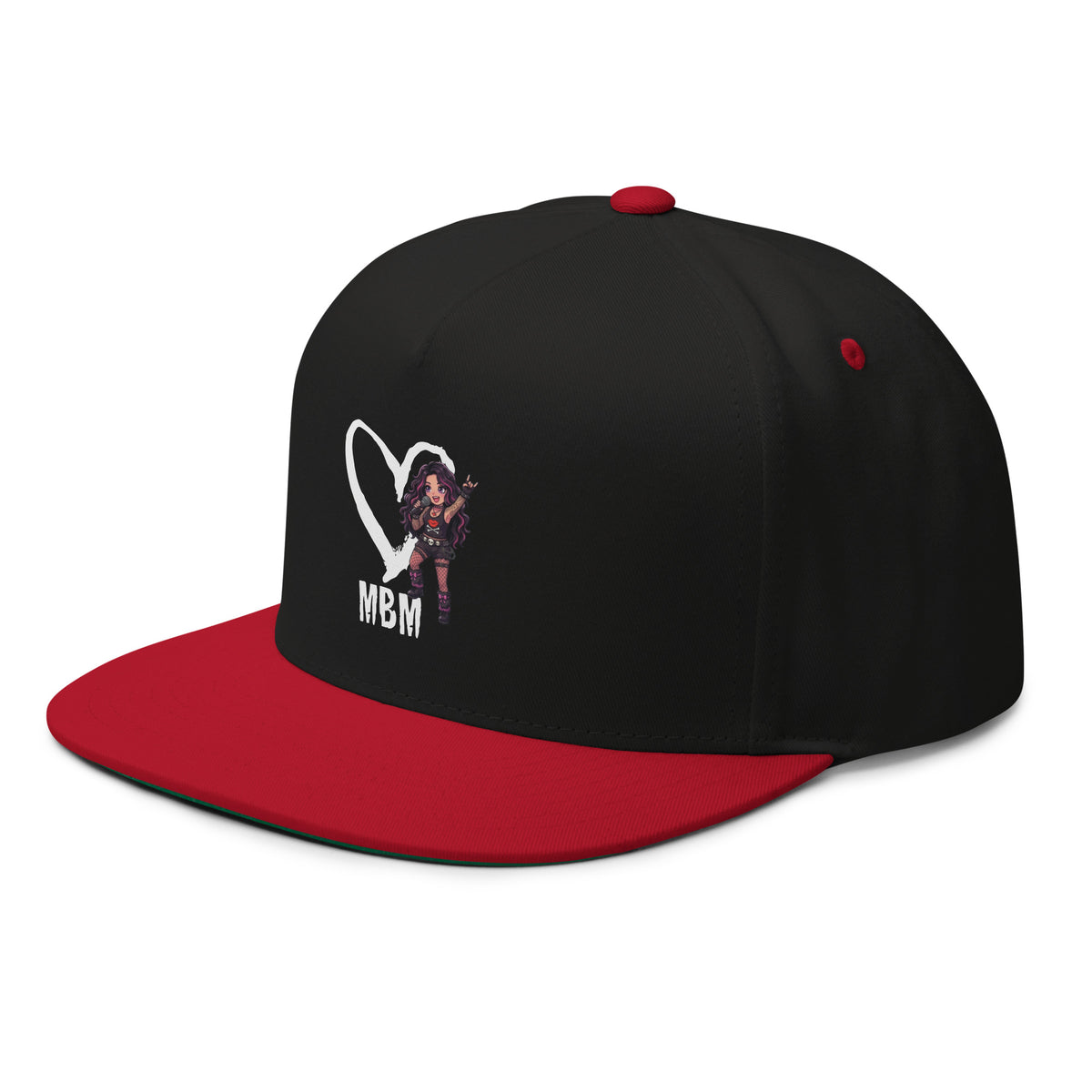 Black-and-red flat-bill cap, left-front angled view, featuring Metal Babe Mayhem heart-and-anime musician with MBM lettering.