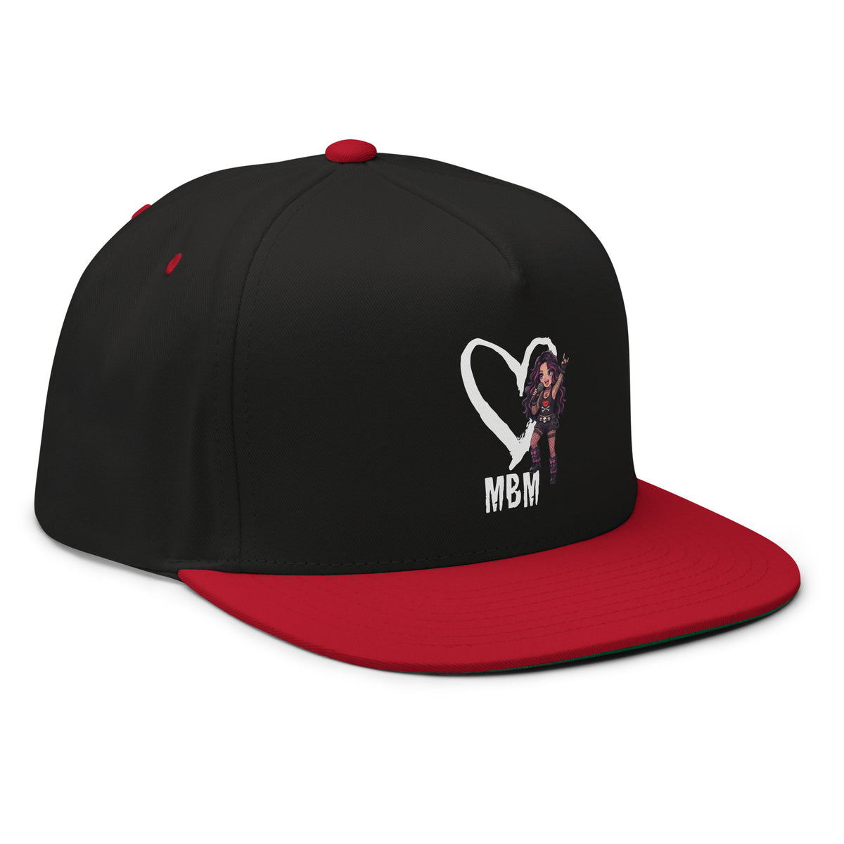 Black-and-red flat-bill cap, right-front angled view, featuring Metal Babe Mayhem heart-and-anime musician with MBM lettering.