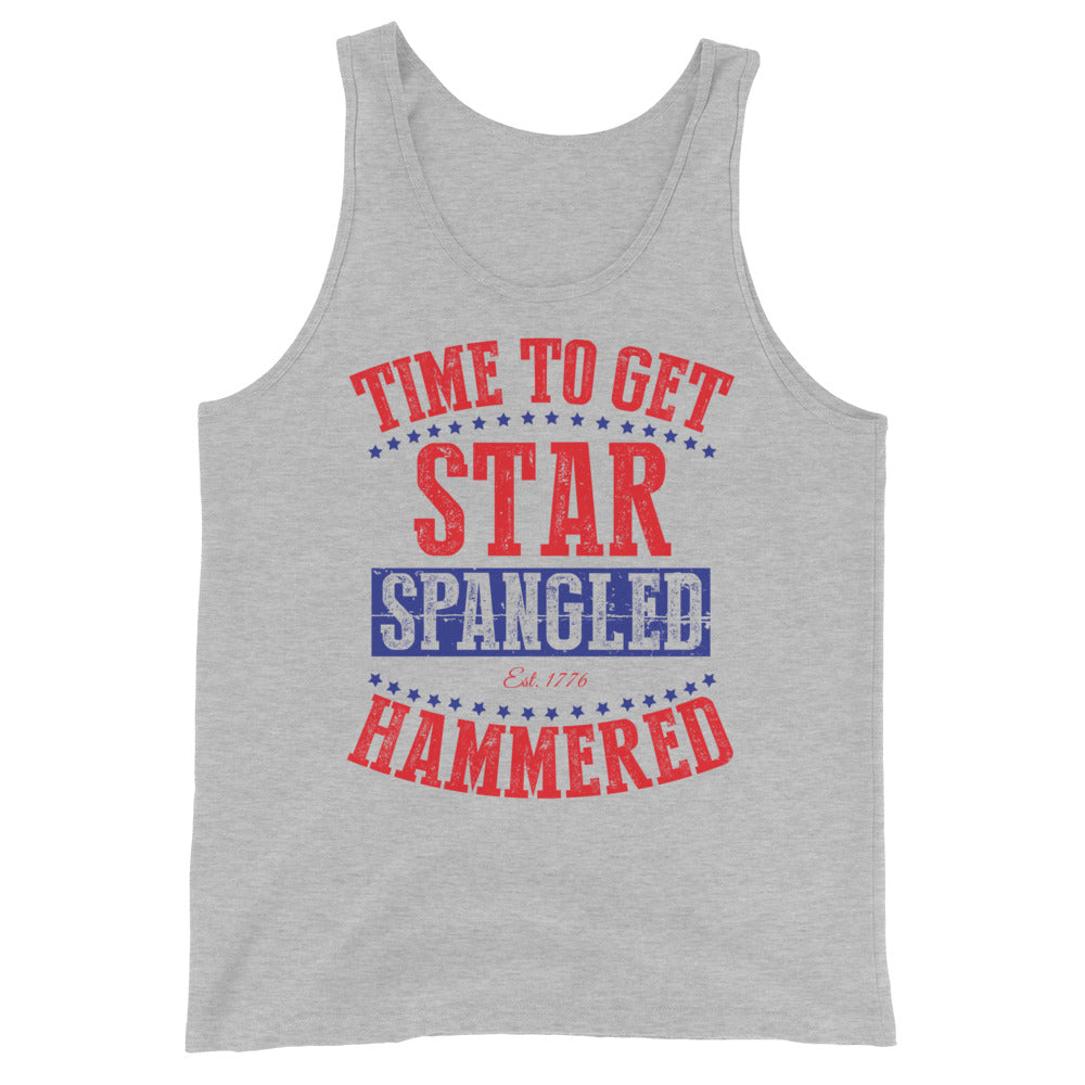 Athletic Heather men's tank top, front view, for the Star Spangled Hammered red-and-blue patriotic party lettering design.