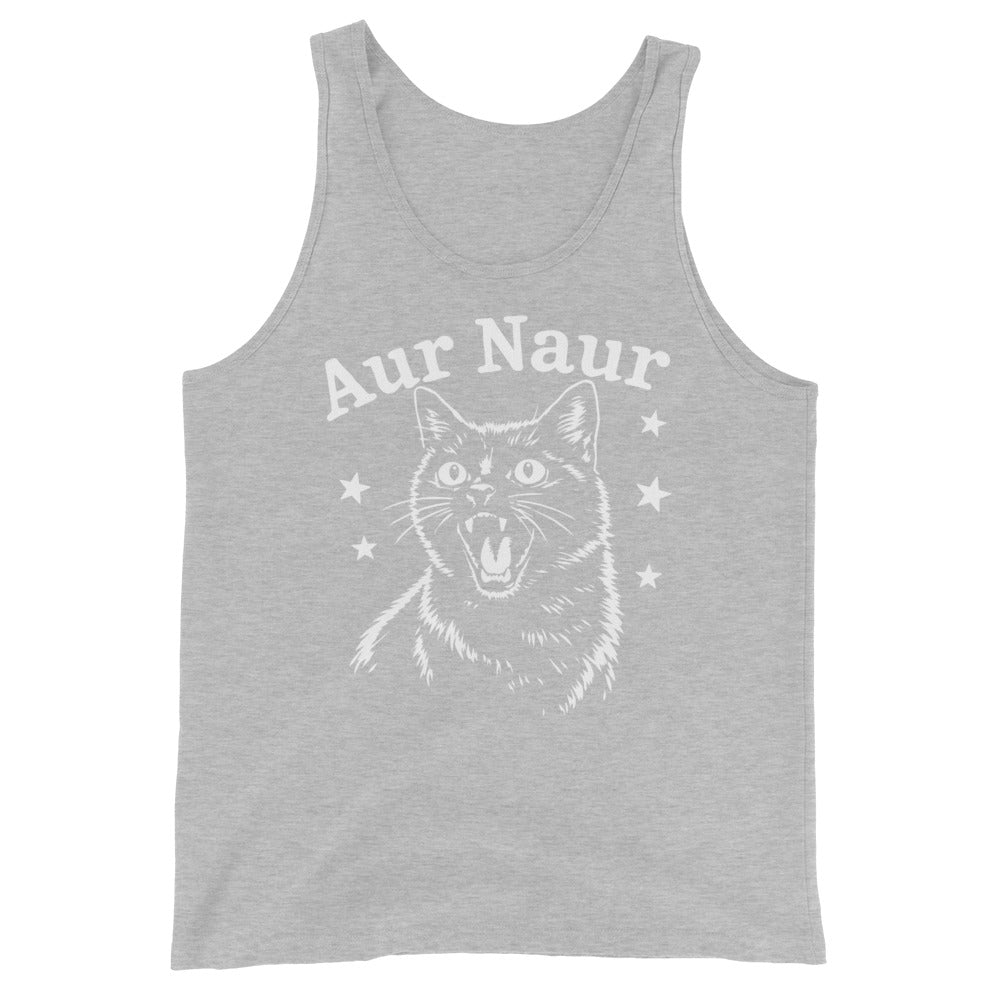 Athletic Heather men's tank top, front view, featuring Aur Naur white cat portrait and music-themed lettering.
