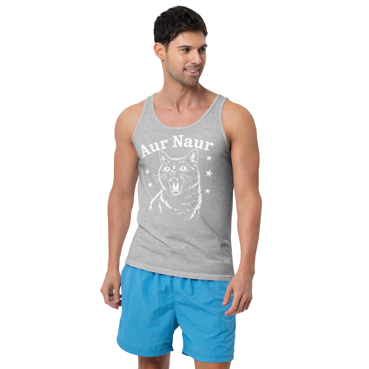 Athletic Heather men's tank top, front view, featuring Aur Naur white cat portrait and music-themed lettering.
