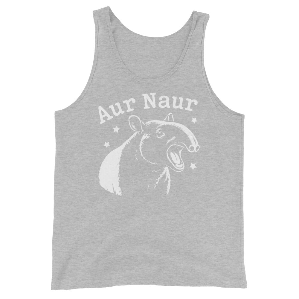 Athletic Heather men's tank top, front view, featuring Aur Naur white tapir portrait, stars and lettering.