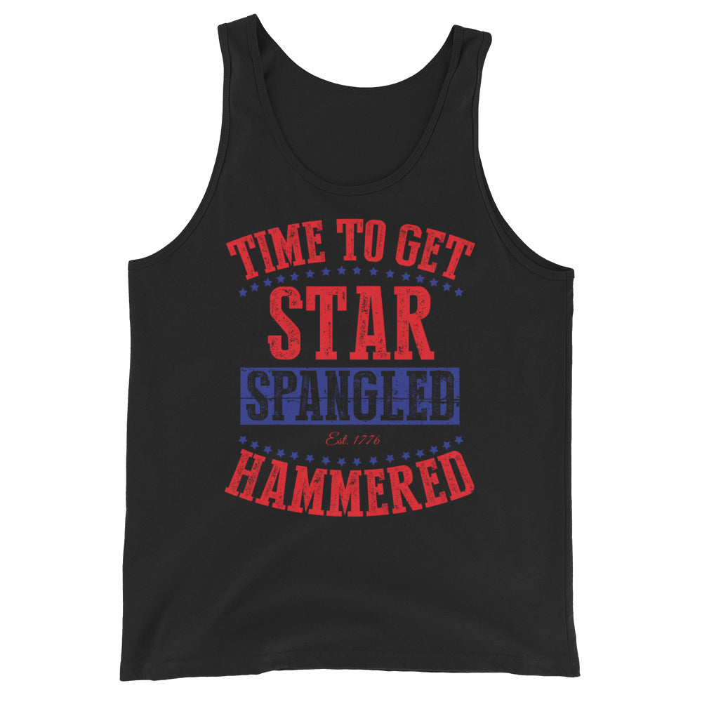 Black unisex tank top featuring distressed red-and-blue “Time to Get Star Spangled Hammered” lettering.