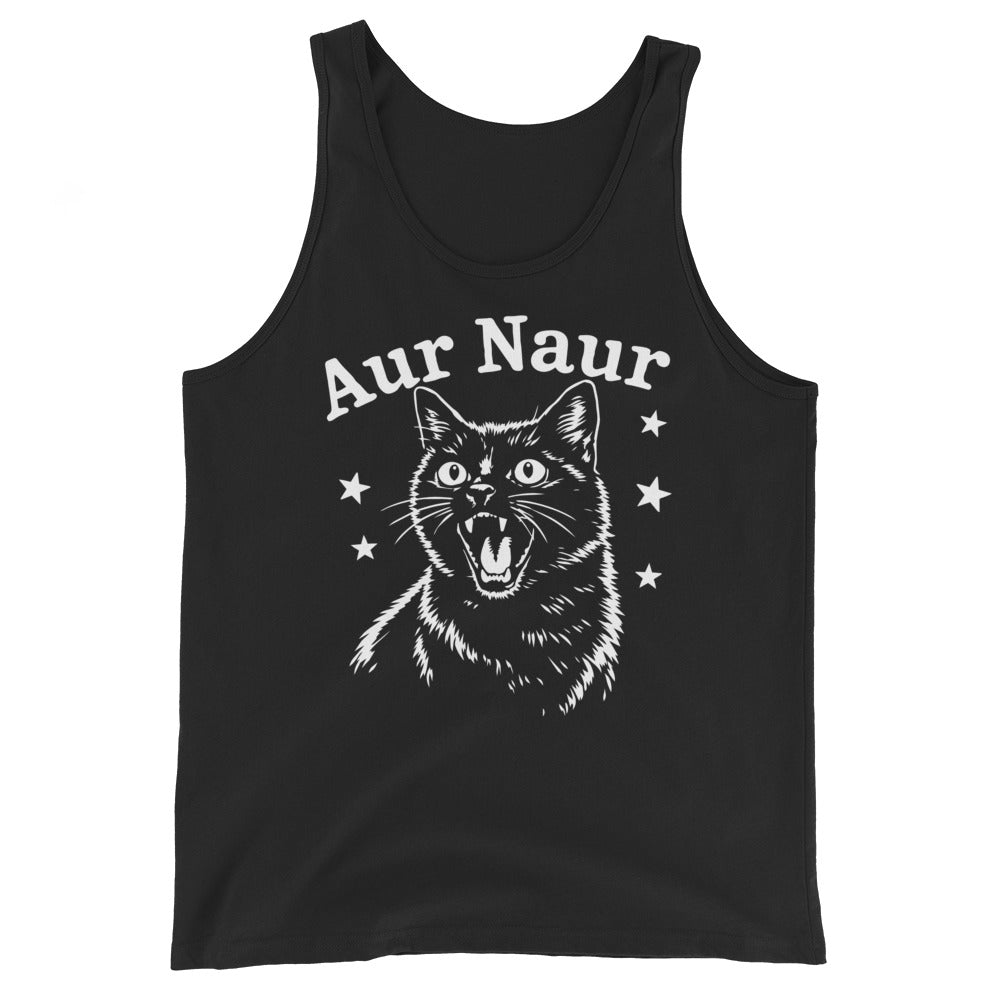 Black unisex tank top featuring a startled white cat portrait, star accents and “Aur Naur” lettering.