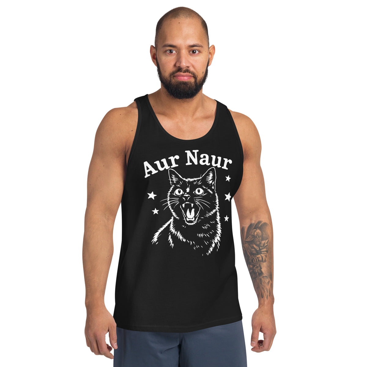 Black men's tank top, front view, featuring Aur Naur white cat portrait and music-themed lettering.