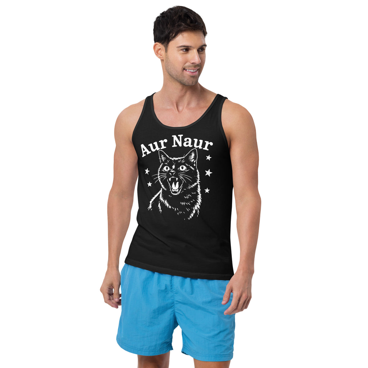 Black men's tank top, front view, featuring Aur Naur white cat portrait and music-themed lettering.