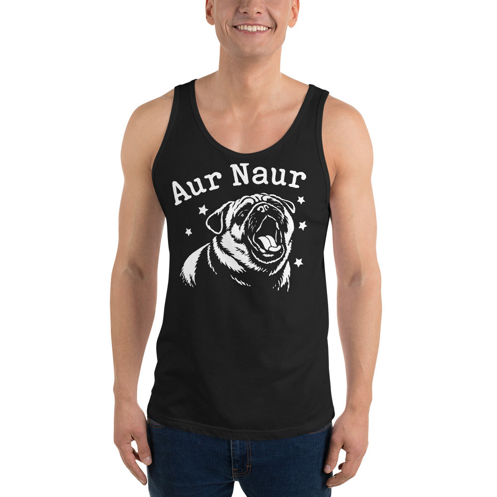 Black men's tank top, front view, featuring Aur Naur white pug portrait and star-accented lettering.