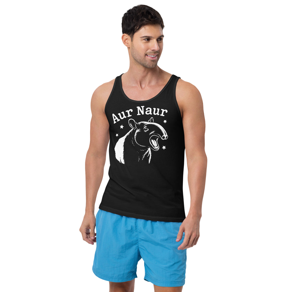 Black men's tank top, front view, featuring Aur Naur white tapir portrait, stars and lettering.