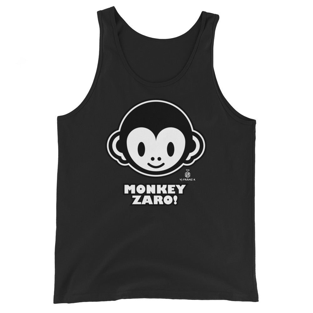 Black unisex tank top featuring a white cartoon monkey face and “Monkey Zaro!” lettering.