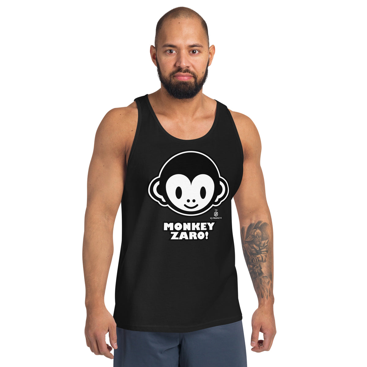 Black men's tank top, front view, featuring Monkey Zaro! white cartoon monkey face and lettering.