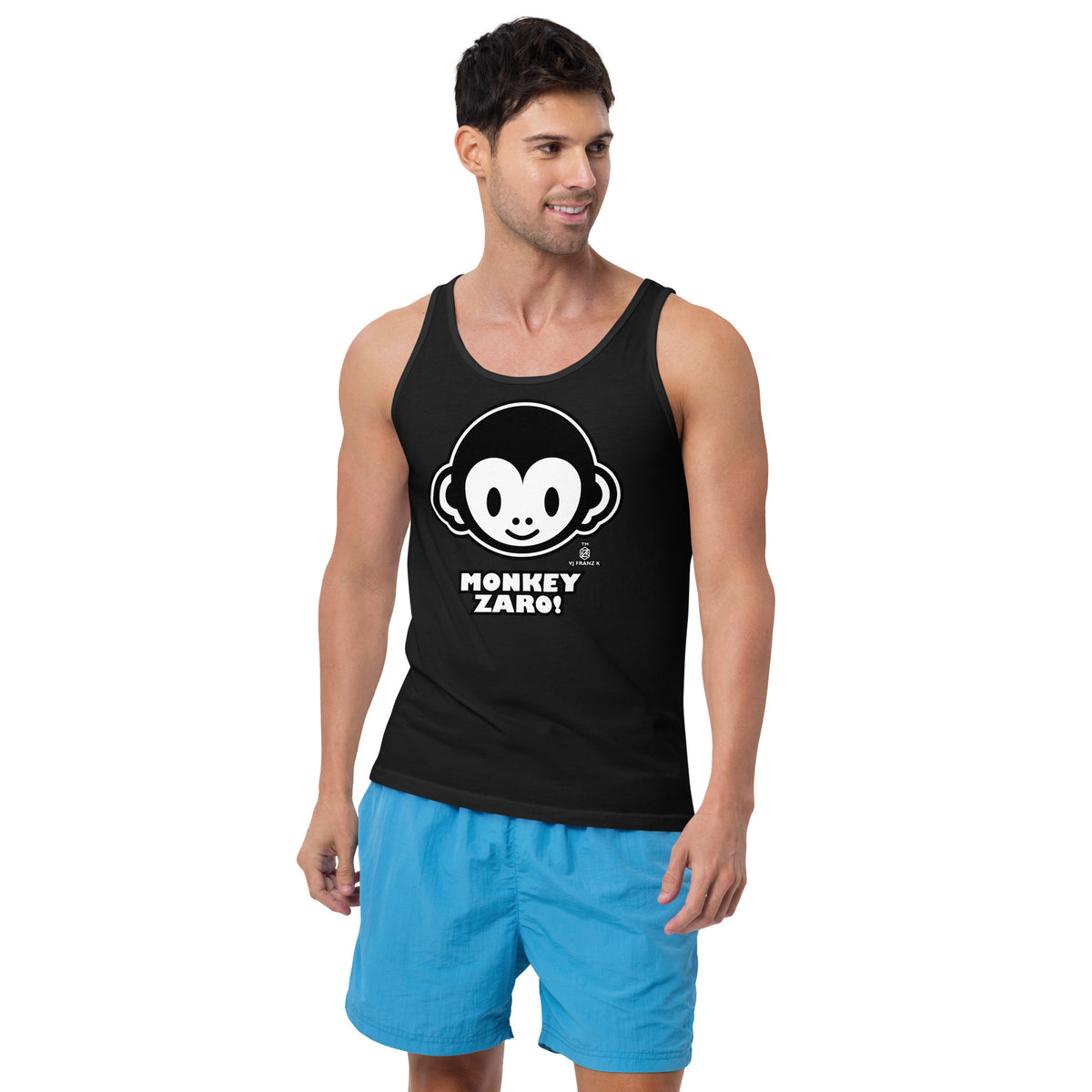 Black men's tank top, front view, featuring Monkey Zaro! white cartoon monkey face and lettering.