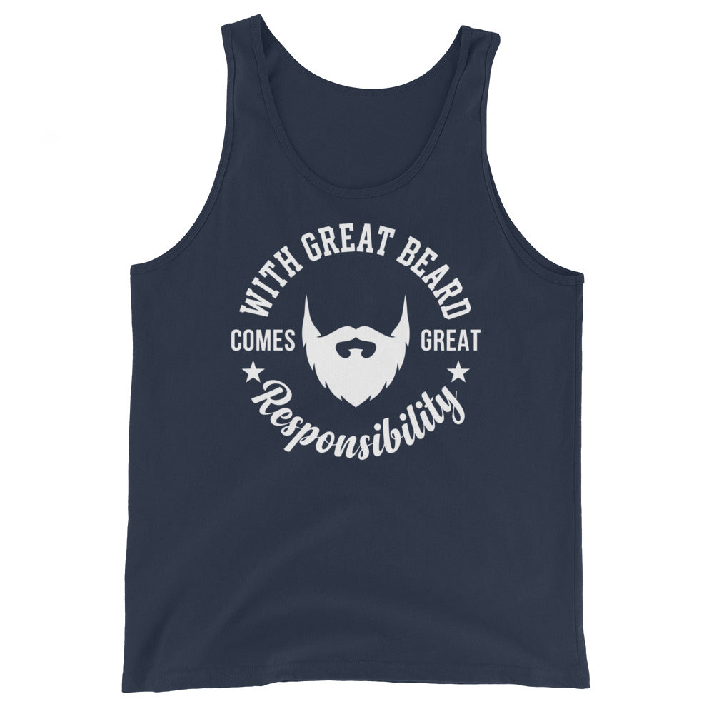 Mens Staple Tank Top Navy tank top, front view, featuring the With Great Beard Comes Great Responsibility design
