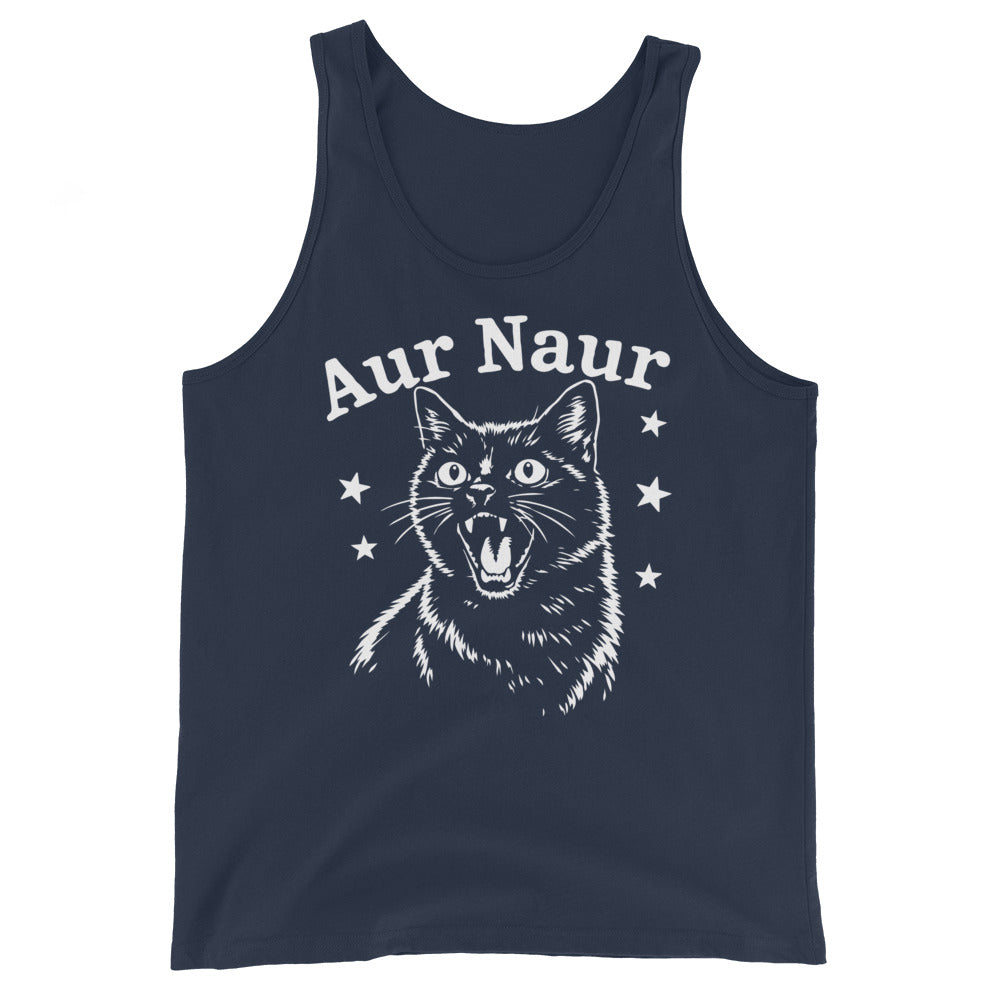 Navy men's tank top, front view, featuring Aur Naur white cat portrait and music-themed lettering.