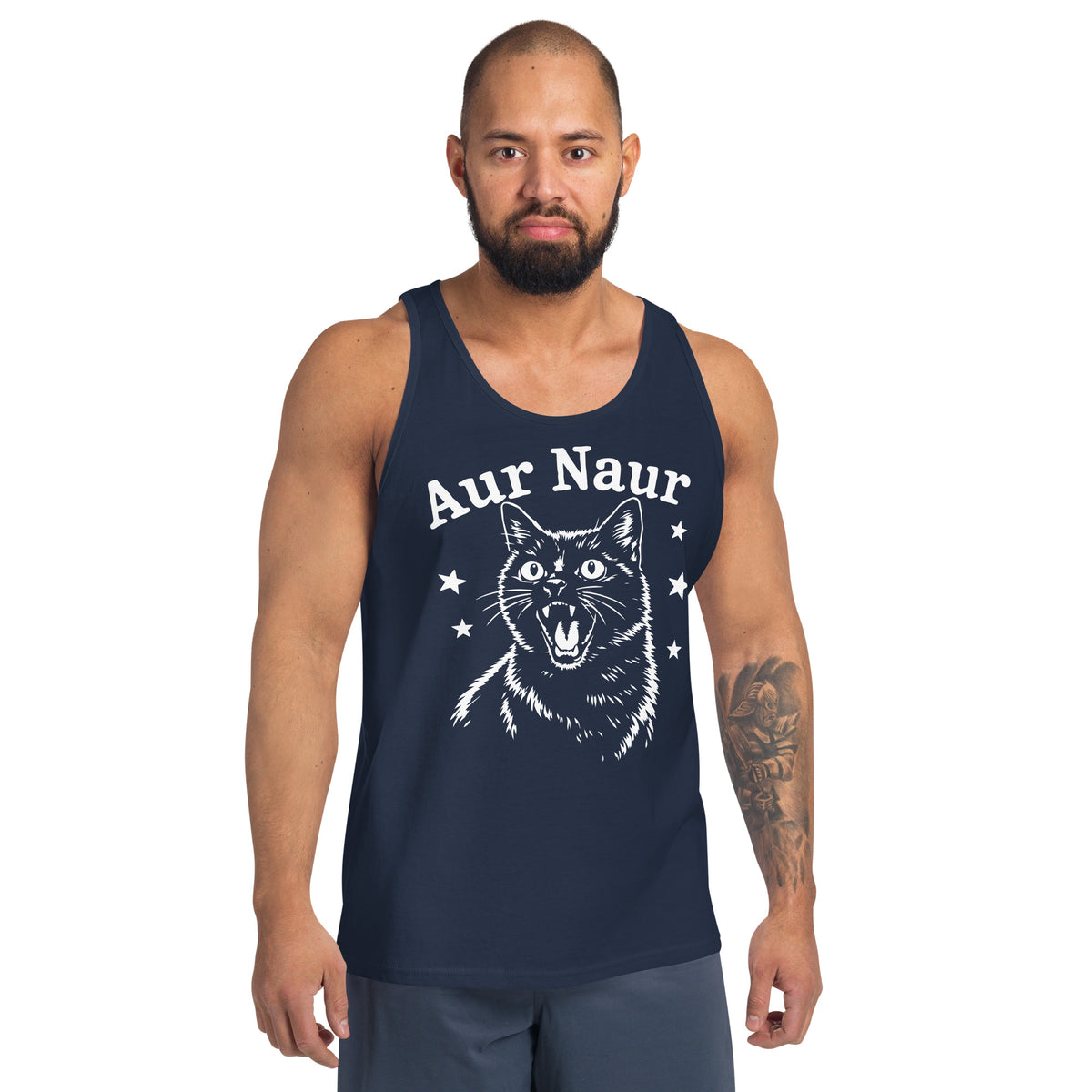 Navy men's tank top, front view, featuring Aur Naur white cat portrait and music-themed lettering.