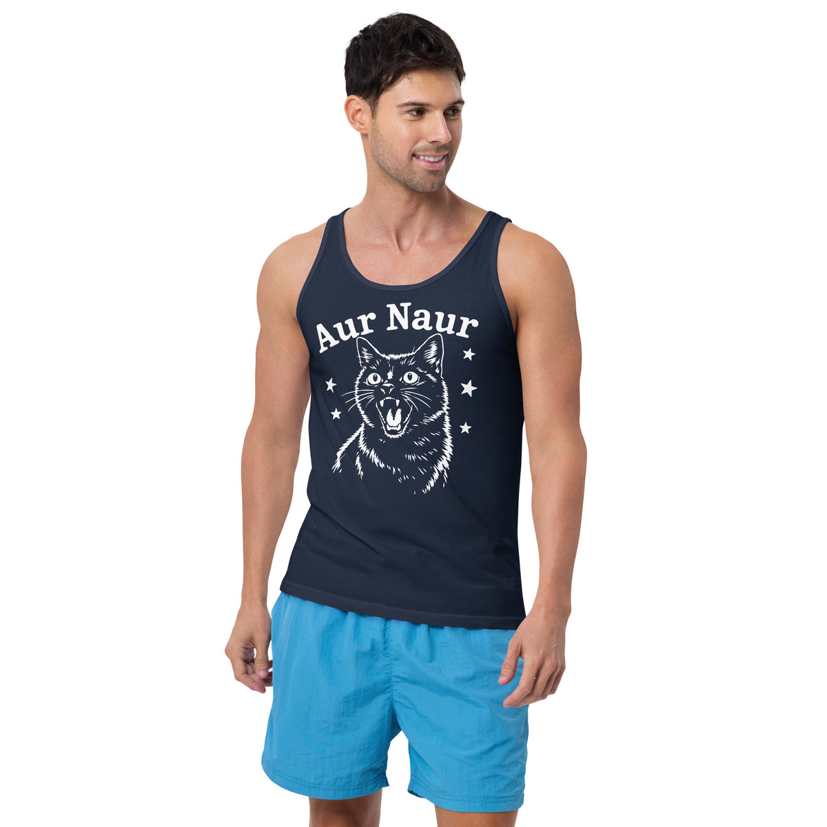 Navy men's tank top, front view, featuring Aur Naur white cat portrait and music-themed lettering.