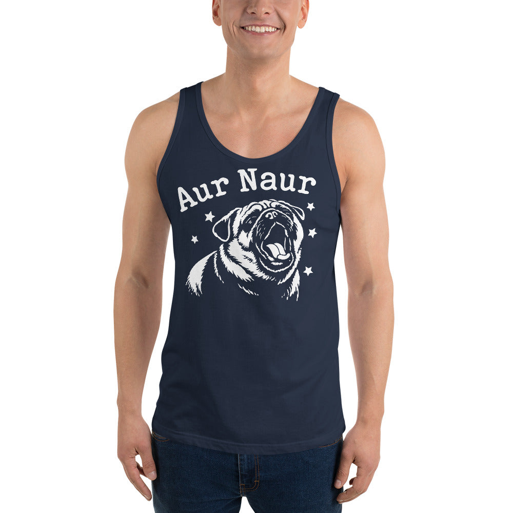 Navy men's tank top, front view, featuring Aur Naur white pug portrait and star-accented lettering.