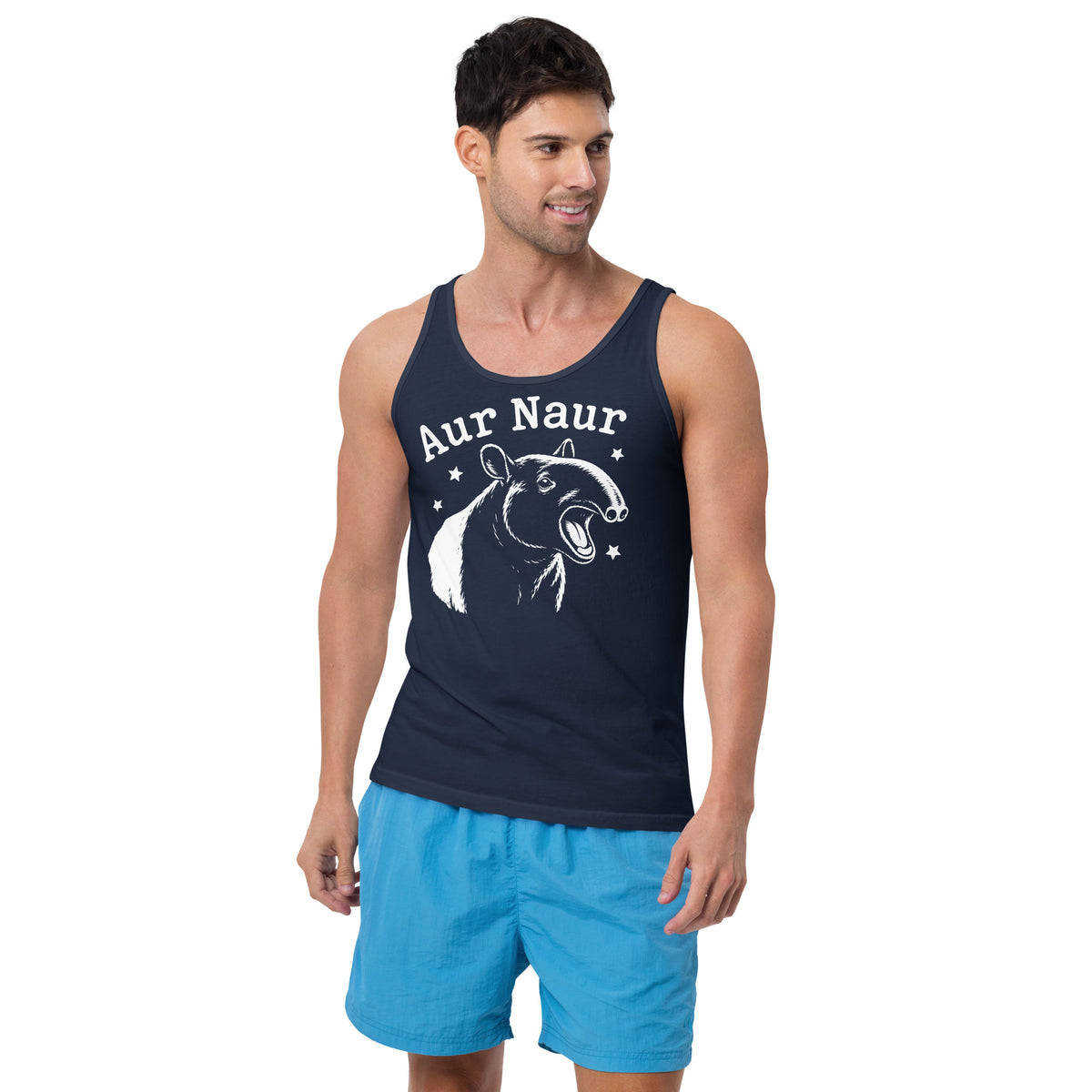 Navy men's tank top, front view, featuring Aur Naur white tapir portrait, stars and lettering.