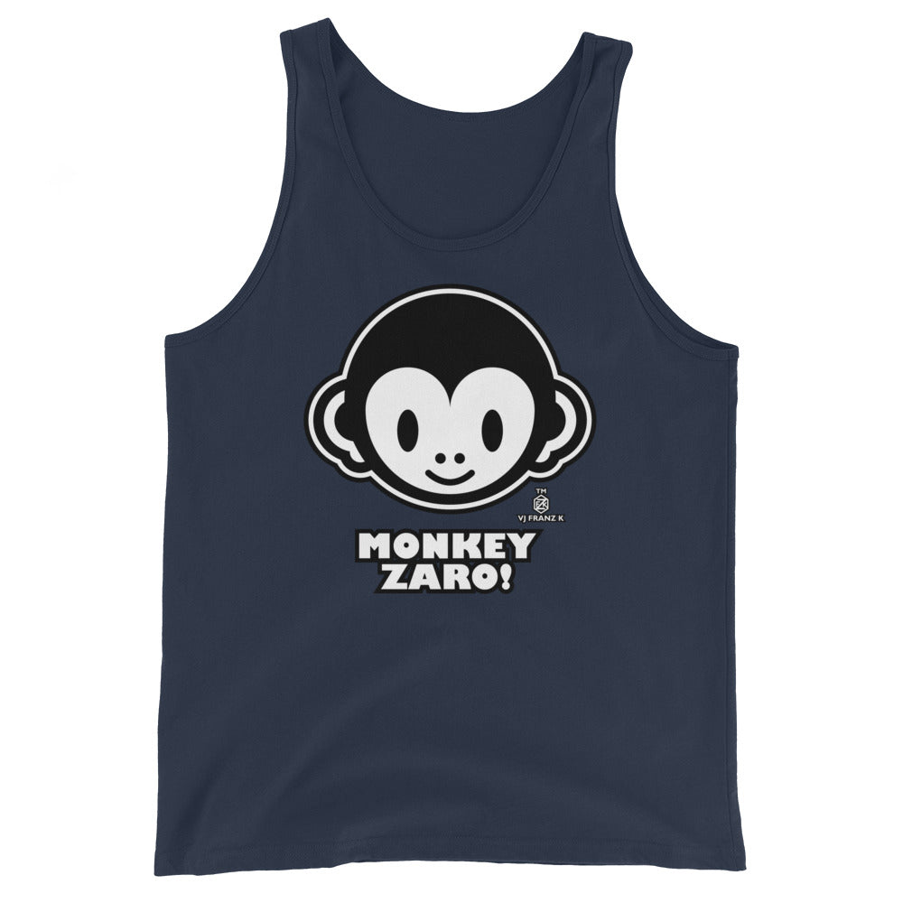 Navy men's tank top, front view, featuring Monkey Zaro! white cartoon monkey face and lettering.
