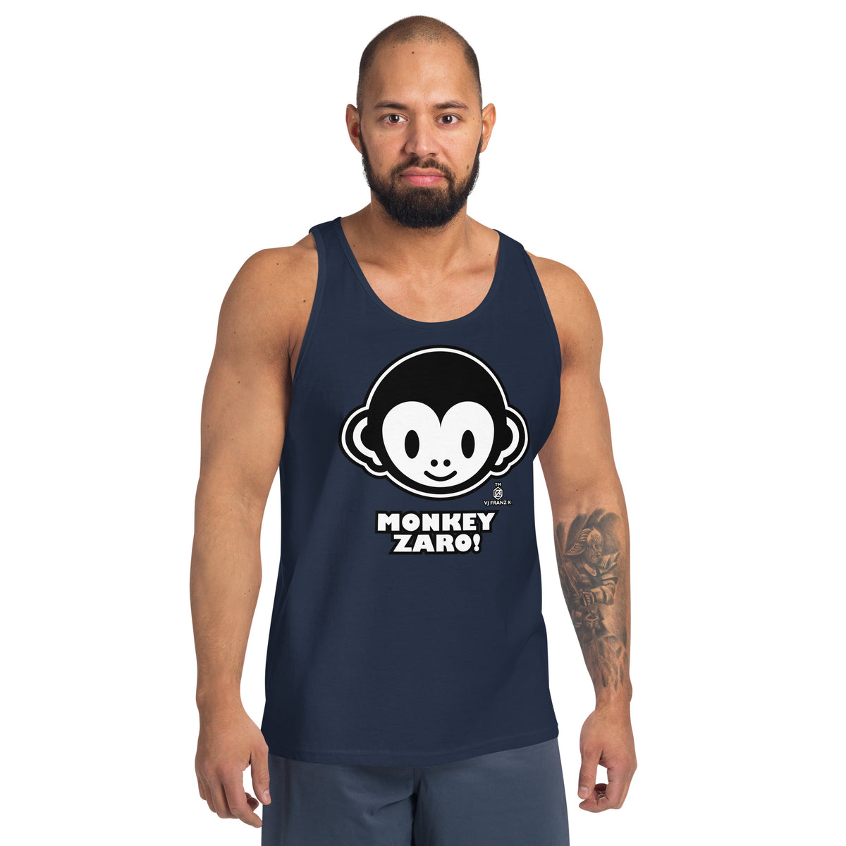 Navy men's tank top, front view, featuring Monkey Zaro! white cartoon monkey face and lettering.