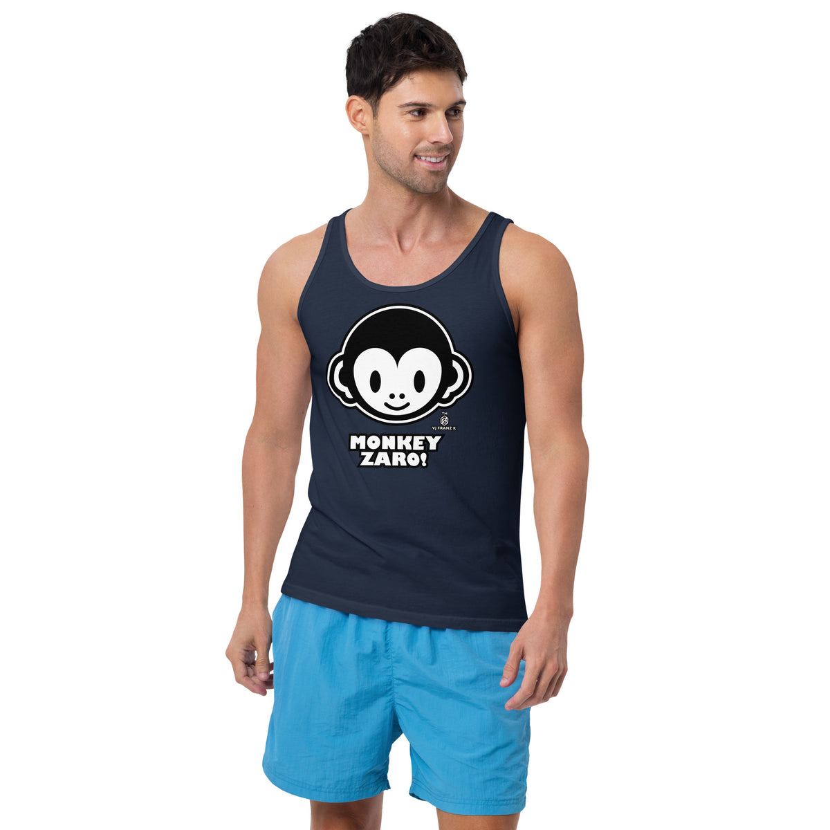 Navy men's tank top, front view, featuring Monkey Zaro! white cartoon monkey face and lettering.