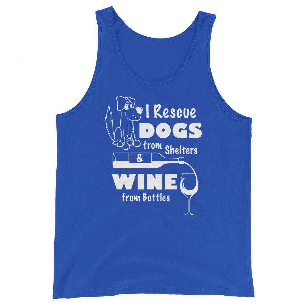 Mens Staple Tank Top True Royal tank top, front view, featuring the Saving Dogs and Sipping Wine design