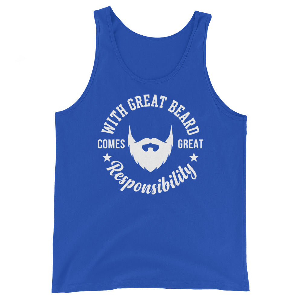 Mens Staple Tank Top True Royal tank top, front view, featuring the With Great Beard Comes Great Responsibility design