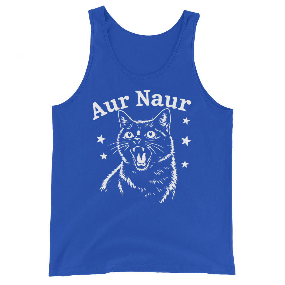 True Royal men's tank top, front view, featuring Aur Naur white cat portrait and music-themed lettering.