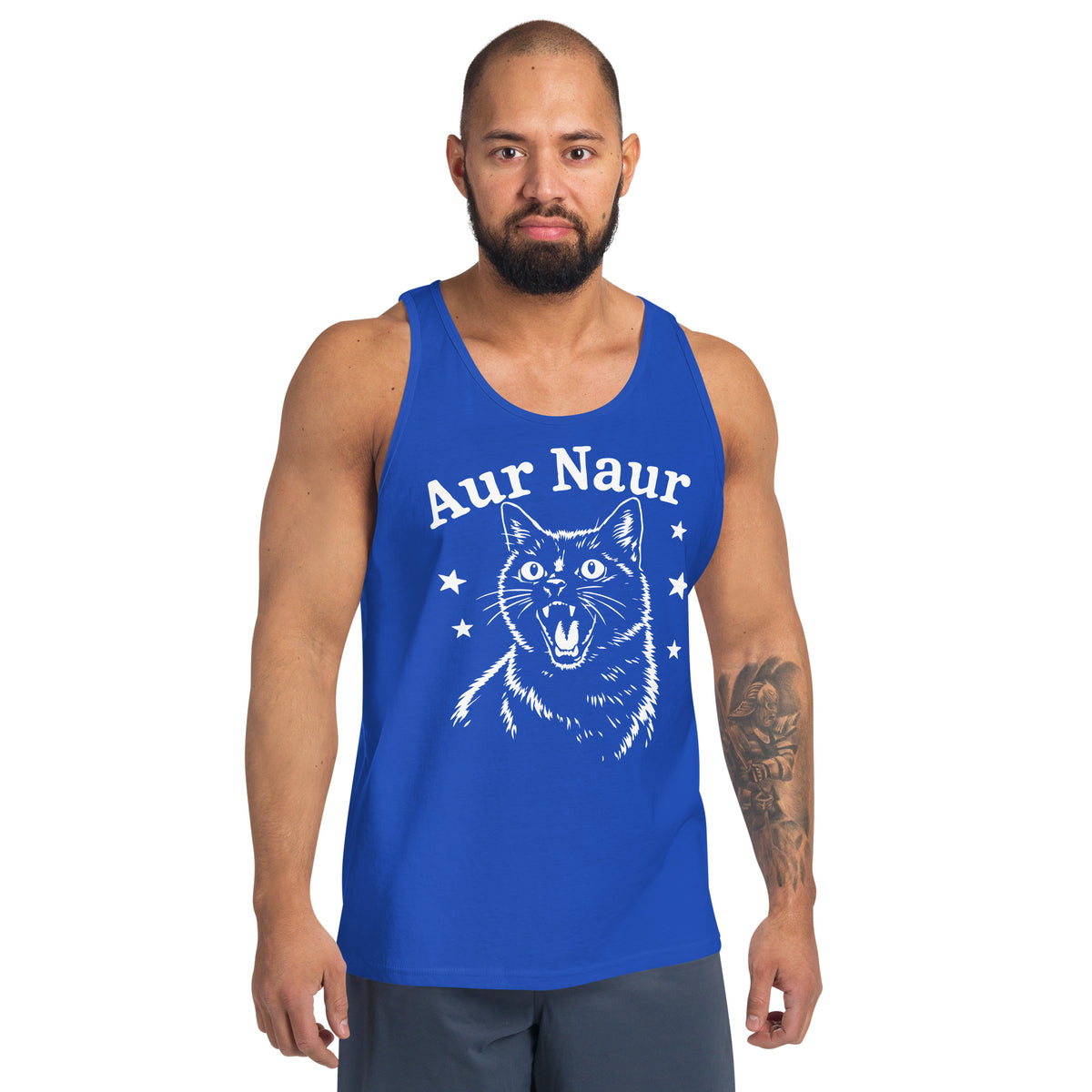 True Royal men's tank top, front view, featuring Aur Naur white cat portrait and music-themed lettering.